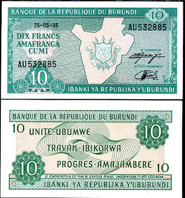 BURUNDI 10 FRANCS 1995 P 33 UNC
