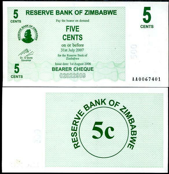 ZIMBABWE 5 CENTS 2006 BEARER CHEQUE P 34 UNC