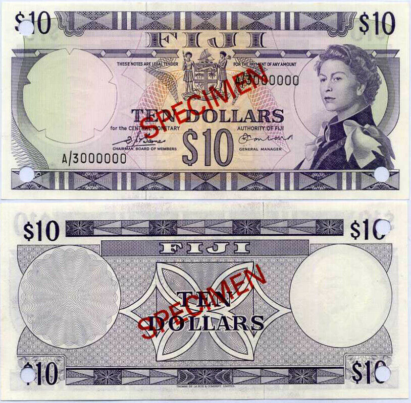 Fiji 10 Dollars QE II 1974 P 74 a Specimen A/3 000000 sign  Barnes&Earland UNC