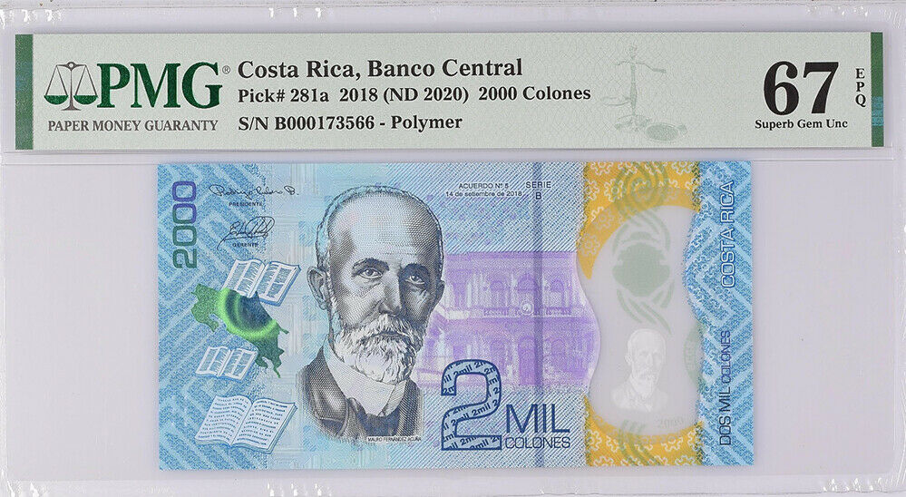 Costa Rica 2000 Colones 2018/2020 P 281 a Polymer Superb Gem UNC PMG 67 EPQ