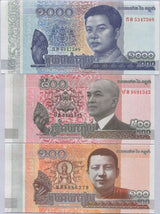 Cambodia Set 3 Pcs 100 500 1000 Riels 2014-2016 P 65 66 67 UNC