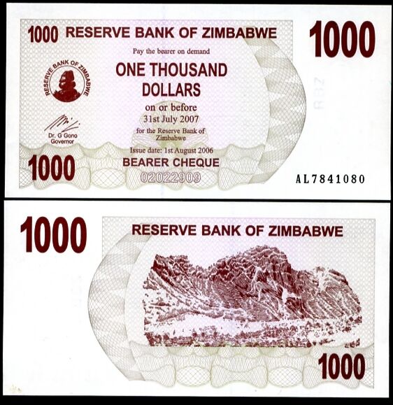 Zimbabwe 1000 Dollars 2006 Bearer Cheque P 44 UNC