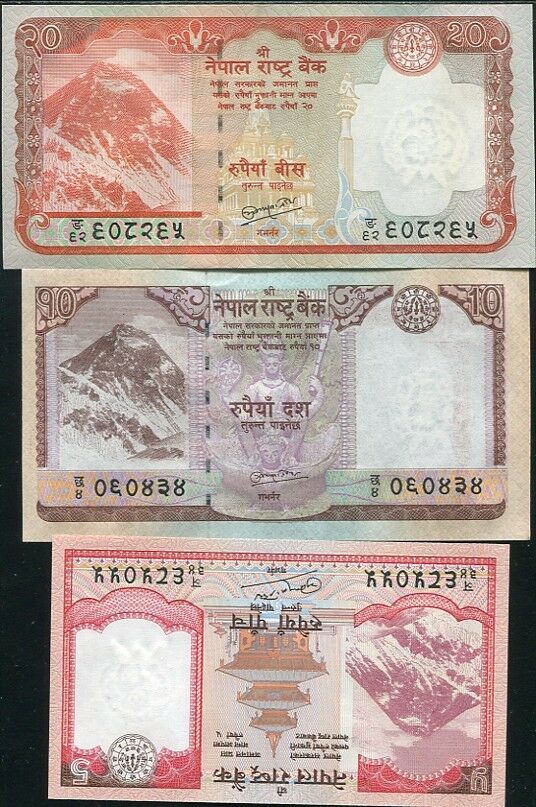 NEPAL SET 3 PCS 5 10 20 RUPEES ND 2010 P 60 61 62 SIGN 19 UNC