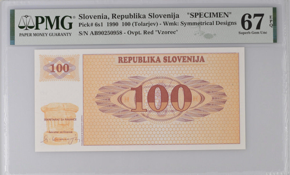 Slovenia 100 Tolarjev 1990 P 6 S1 SPECIMEN Superb GEM UNC PMG 67 EPQ Top Pop