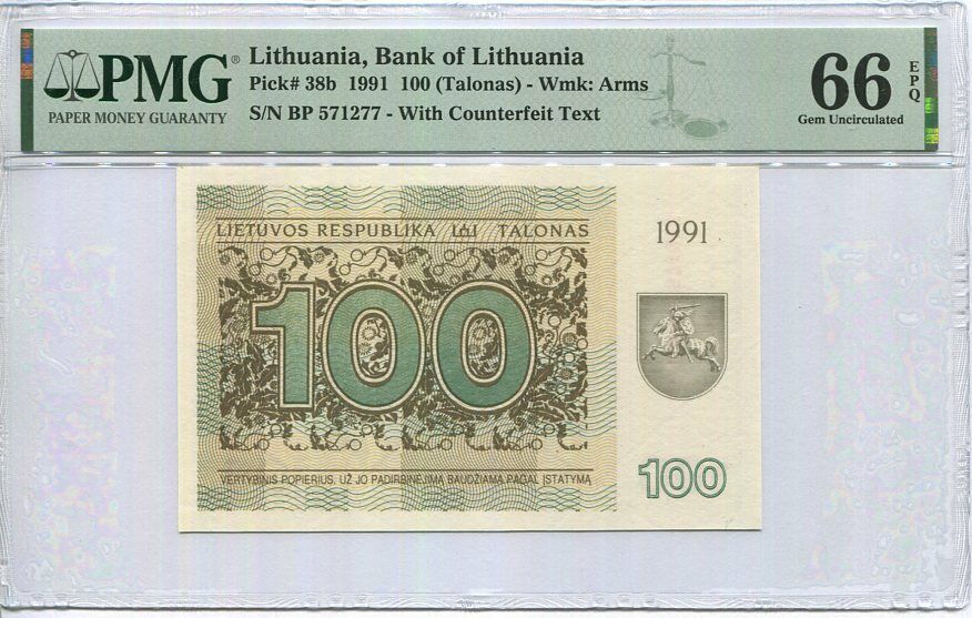 Lithuania 100 Talonas 1991 P 38 b Gem UNC PMG 66 EPQ