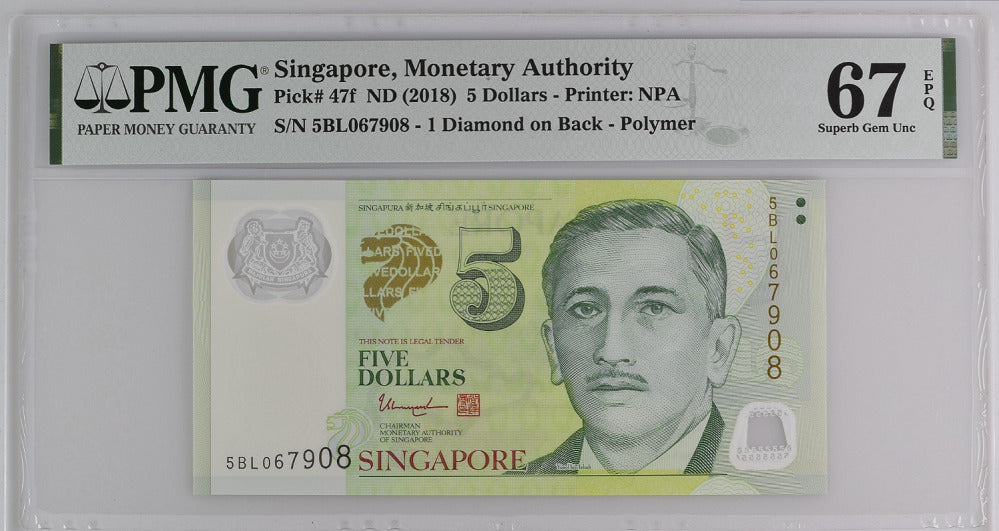 Singapore 5 Dollars ND 2018 P 47 f Superb Gem UNC PMG 67 EPQ