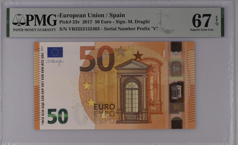 Euro 50 Euro Spain 2017 VB Prefix P 23 v Superb Gem UNC PMG 67 EPQ