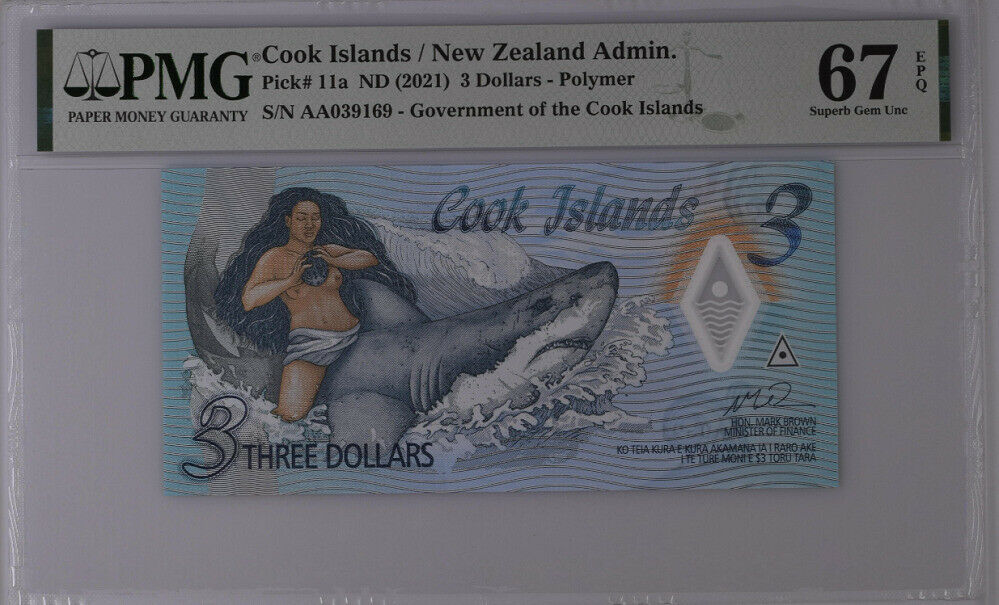 Cook Islands 3 Dollars ND 2021 P 11 a Polymer Superb Gem UNC PMG 67 EPQ