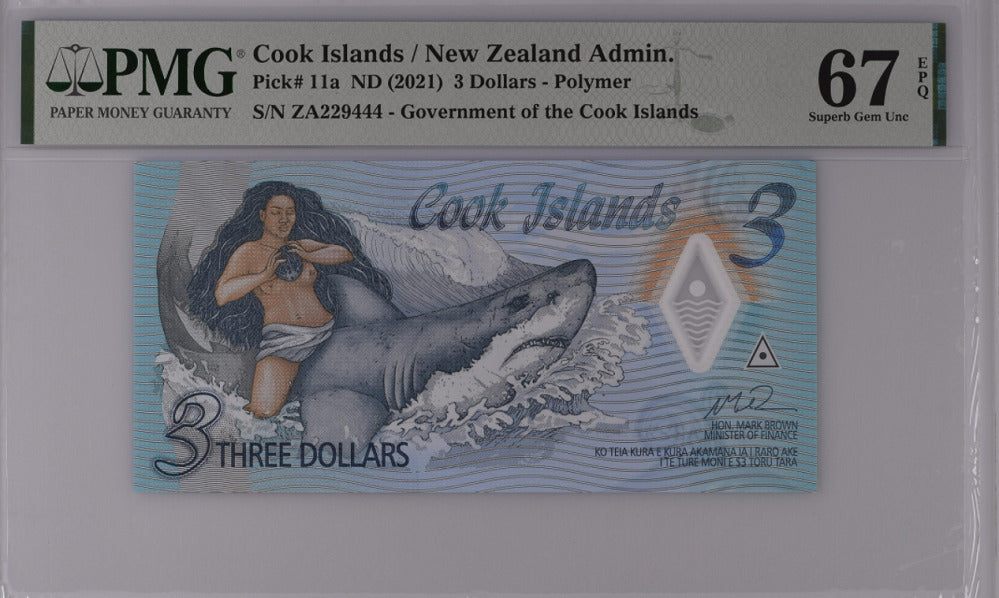 Cook Islands 3 Dollars ND 2021 P 11 a Polymer ZA Superb Gem UNC PMG 67 EPQ