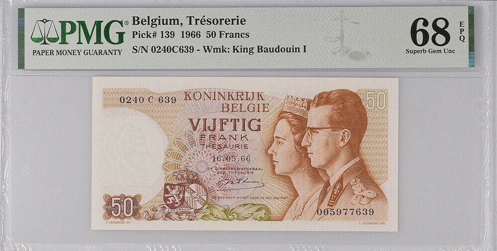 Belgium 50 Francs 1966 P 139 0240C639 Superb Gem UNC PMG 68 EPQ Top Pop
