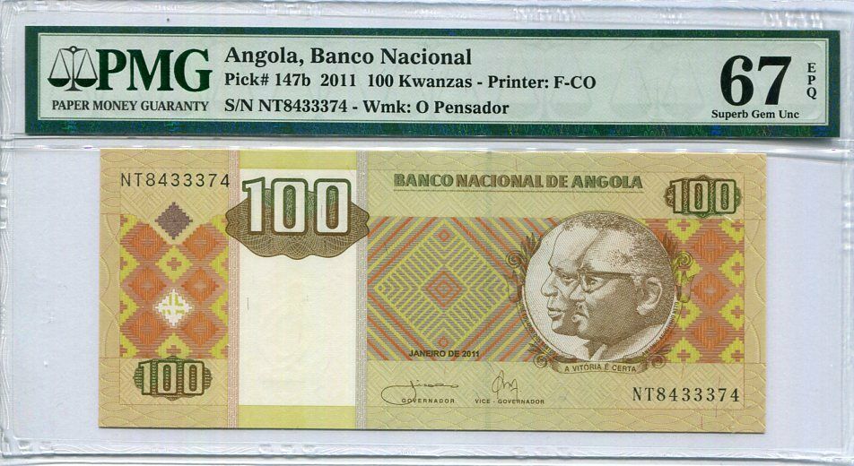 ANGOLA 100 KWANZAS 2011 P 147 B SUPERB GEM UNC PMG 67