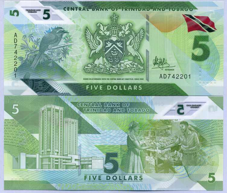 Trinidad & Tobago 5 Dollars 2020/2021 Polymer P 61 UNC