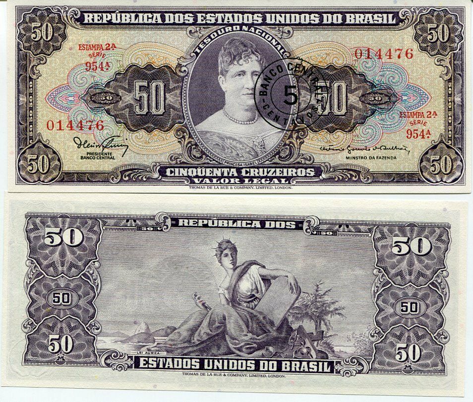 Brazil 5 CENT ON 50 CRUZEIROS ND 1966-1967 P 184 a UNC