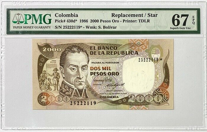 Colombia 2000 Pesos 1986 P 430 d * Replacement Superb Gem UNC PMG 67 EPQ