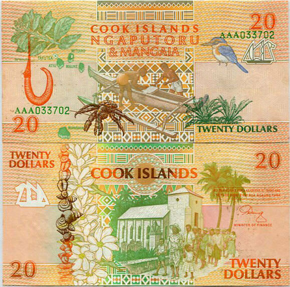 COOK ISLANDS 20 DOLLARS 1992 AAA PREFIX P 9 UNC WITH FOXING