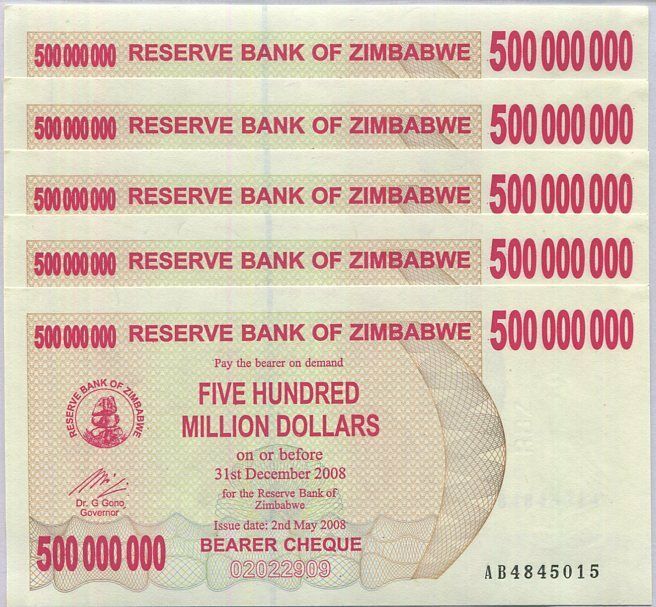 Zimbabwe 500 Million Dollars 2008 P 60 UNC LOT 5 PCS