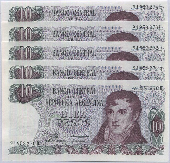 Argentina 10 Pesos ND 1976 P 300 UNC Lot 5 PCS