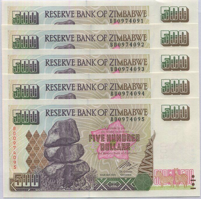 Zimbabwe 500 Dollars 2004 P 11 UNC Lot 5 PCS