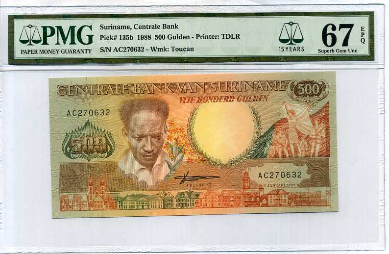 Suriname 500 Gulden 1988 P 135 15th Superb Gem UNC PMG 67 EPQ High