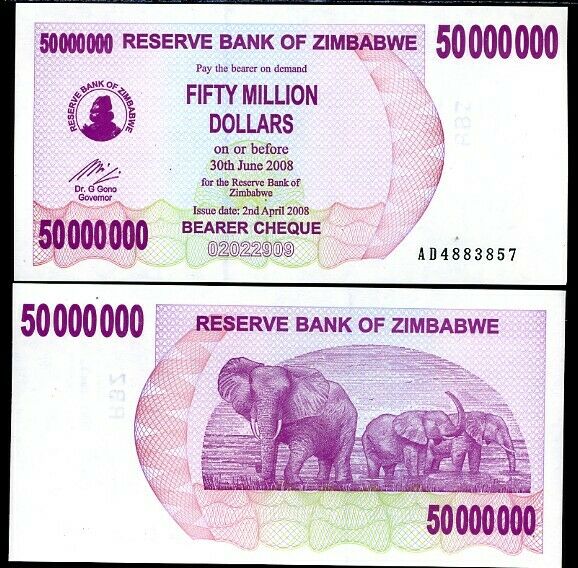 ZIMBABWE 50 MILLION DOLLARS BEARER CHEQUE 2008 P 57 UNC