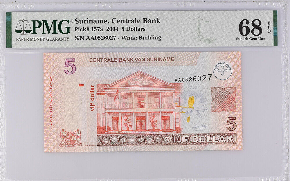 Suriname 5 Dollars 2004 P 157 a Superb Gem UNC PMG 68 EPQ High