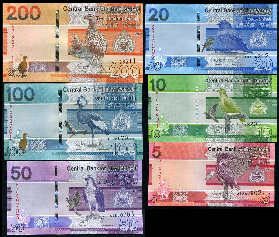 Gambia Set 6 Pcs 5 10 20 50 100 200 Dalasis 2019 P 37 38 39 40 41 42 UNC