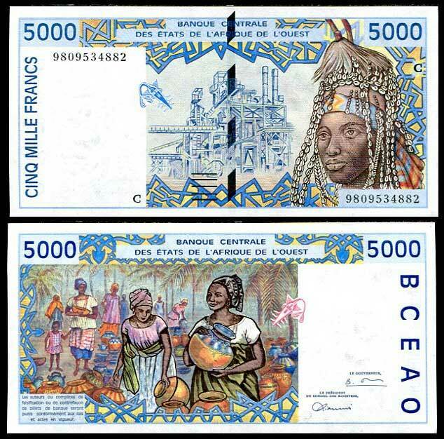 WEST AFRICAN ST. BURKINA FASO 5000 FR. 1998 P 313 C SIGN 28 UNC