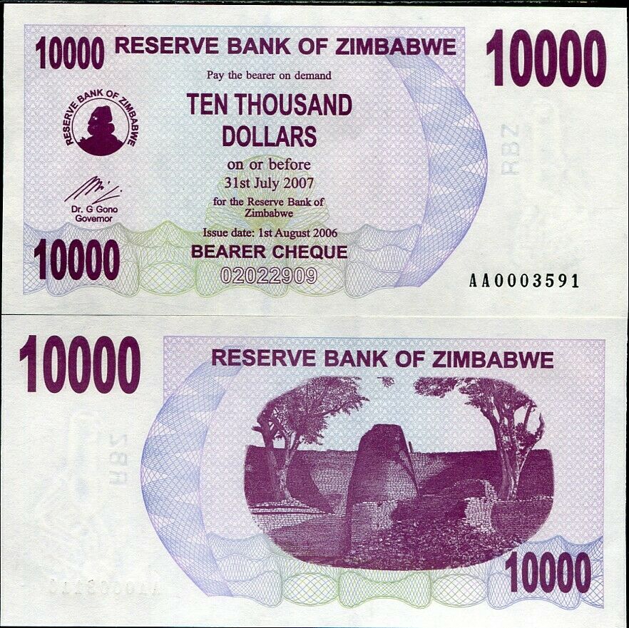 ZIMBABWE 10000 DOLLARS 2006 P 46 a "RARE" WITHOUT SPACE UNC