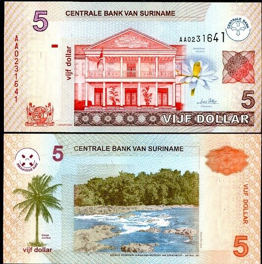 Suriname 5 Dollars 2004 P 157 UNC