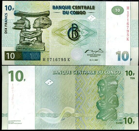 Congo 10 Francs 1997 P 87 b UNC