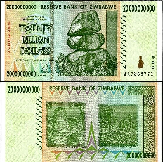 Zimbabwe 20 Billion Dollars 2008 P 86 AA PREFIX UNC