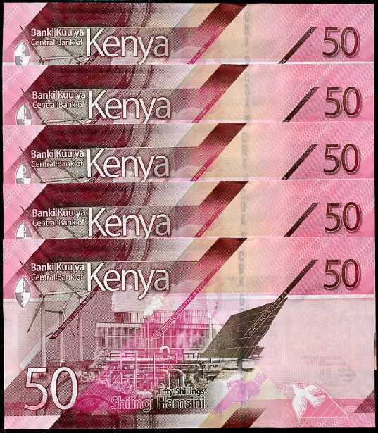 Kenya 50 Shillings 2019 P 52 UNC LOT 5 PCS