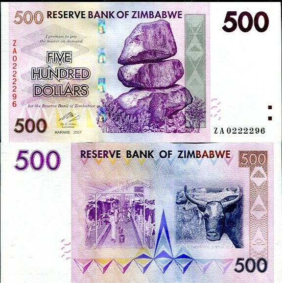 ZIMBABWE 500 DOLLARS 2007 (2008) P 70 ZA REPLACEMENT UNC