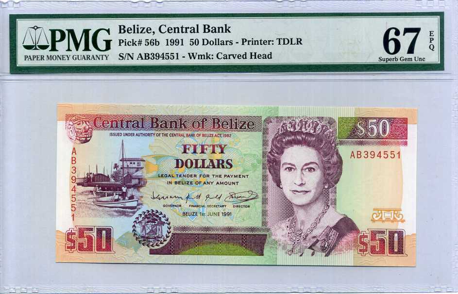 Belize 50 Dollars 1991 P 56 b Superb Gem UNC PMG 67 EPQ High