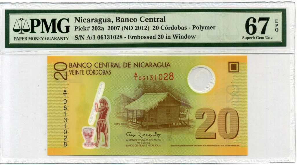 Nicaragua 20 Cordobas 2007/2012 P 202 Superb Gem UNC PMG 67 EPQ