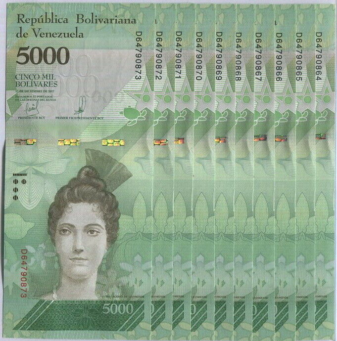 Venezuela 5000 Bolivares 2017 P 97 AUNC Lot 10 Pcs 1/10 Bundle