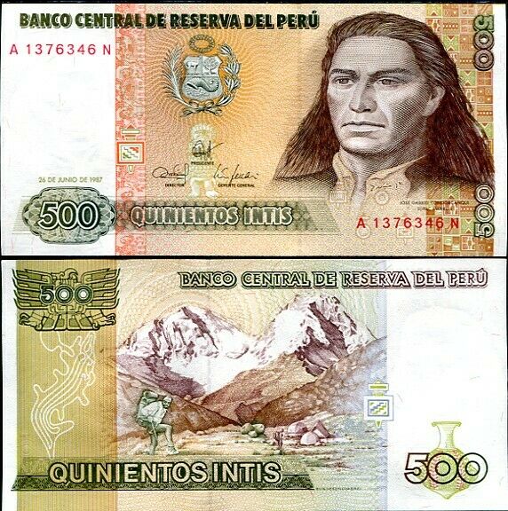 PERU 500 INTIS 1987 P 134 UNC LOT 10 PCS