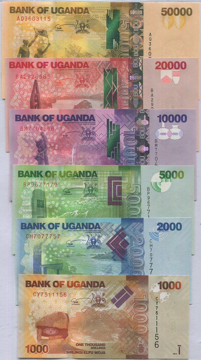 UGANDA SET 6 PCS 1000 2000 5000 10,000 - 50,000 SHILLINGS 2015 -2019 P 49-54 UNC