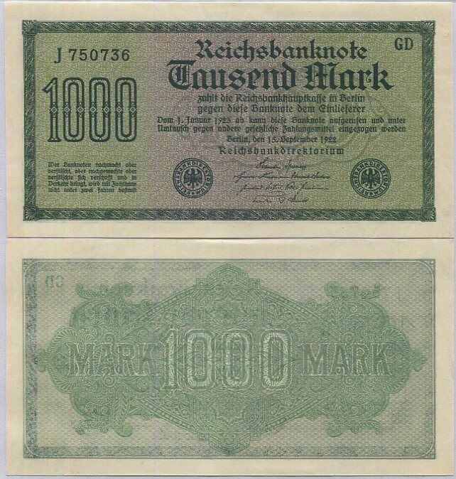 Germany 1000 Mark 1922 P 76 a UNC