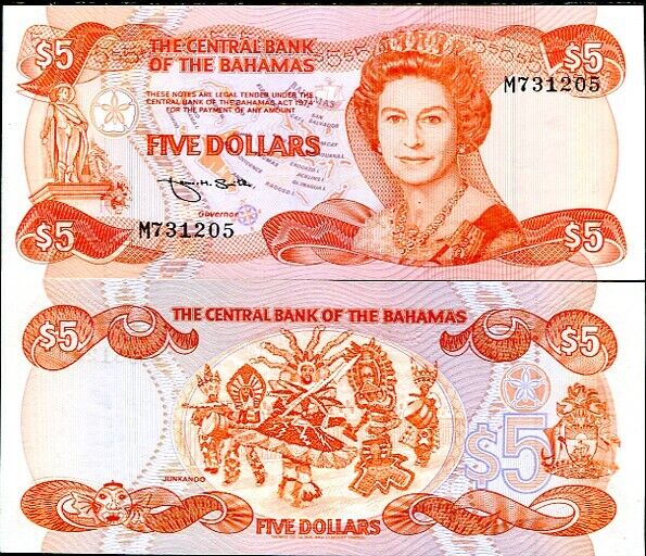 BAHAMAS 5 DOLLARS L. 1974 (1984) P 45 b QE II UNC