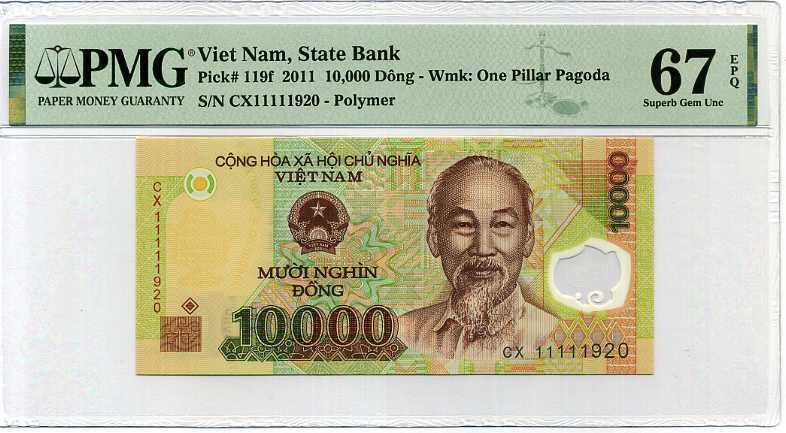 Vietnam 10000 Dong 2011 P 119 f S/N 11111920 SUPERB GEM UNC PMG 67 EPQ