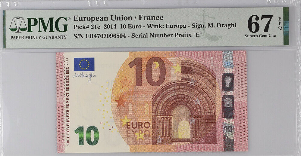 Euro 10 Euro 2014 P 21 e France Prefix E Superb Gem UNC PMG 67 EPQ