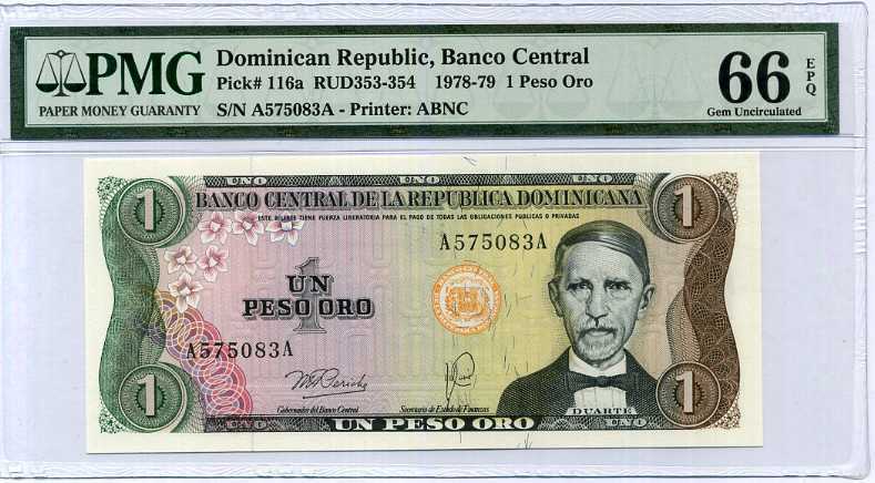 Dominican Republic 1 Peso Oro 1978-1979 P 116 a Gem UNC PMG 66 EPQ