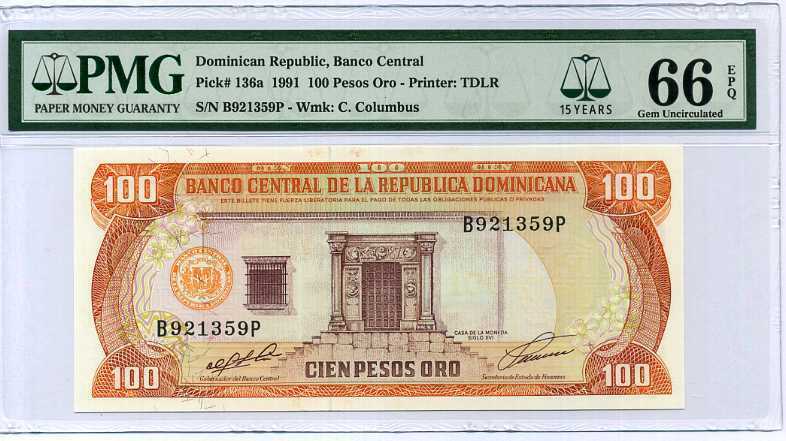 Dominican Republic 100 Pesos 1991 P 136 15th Gem UNC PMG 66 EPQ