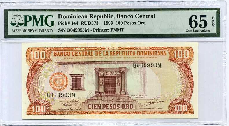 DOMINICAN REPUBLIC 100 PESOS ORO 1993 P 144 GEM UNC PMG 65 EPQ