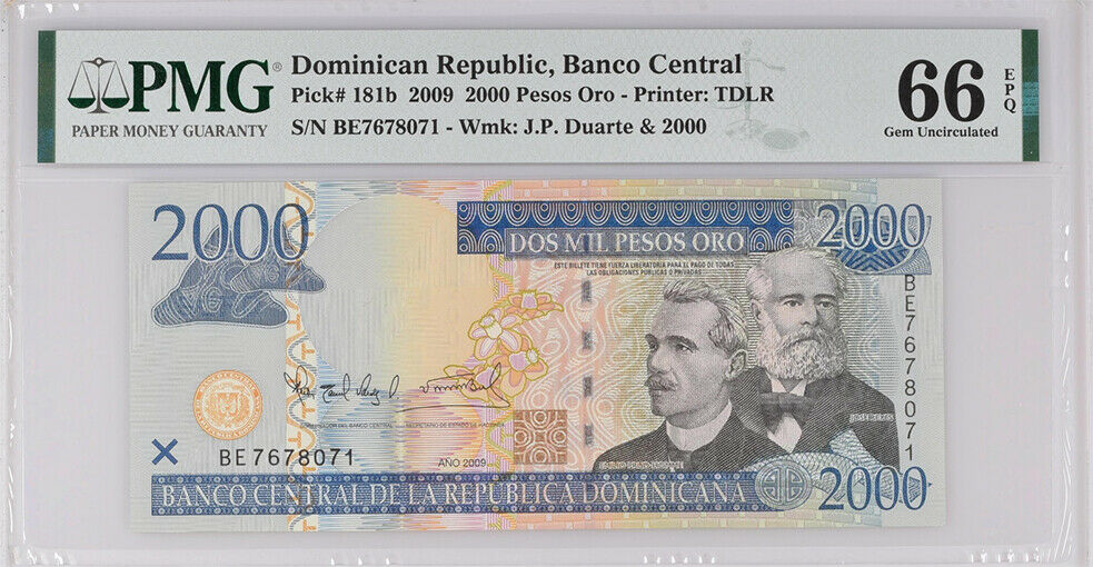 DOMINICAN REPUBLIC 2000 PESO 2009 P 181b GEM UNC PMG 66 EPQ