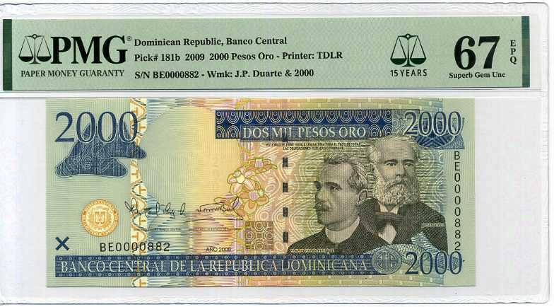 Dominican Republic 2000 Pesos 2009 P 181 b Low 882 SUPERB GEM UNC PMG 67 EPQ
