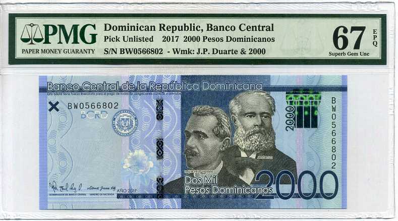 Dominican Republic 2000 Pesos 2017 P NEW Superb Gem UNC PMG 67 EPQ