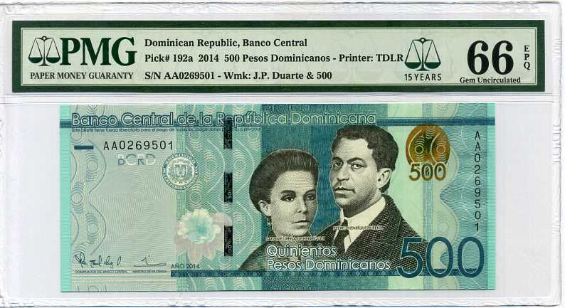 Dominican Republic 500 Pesos 2014 P 192 15th GEM UNC PMG 66 EPQ