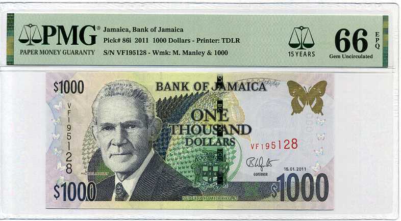 JAMAICA 1000 1,000 DOLLARS 2011 P 86 i 15TH GEM UNC PMG 66 EPQ